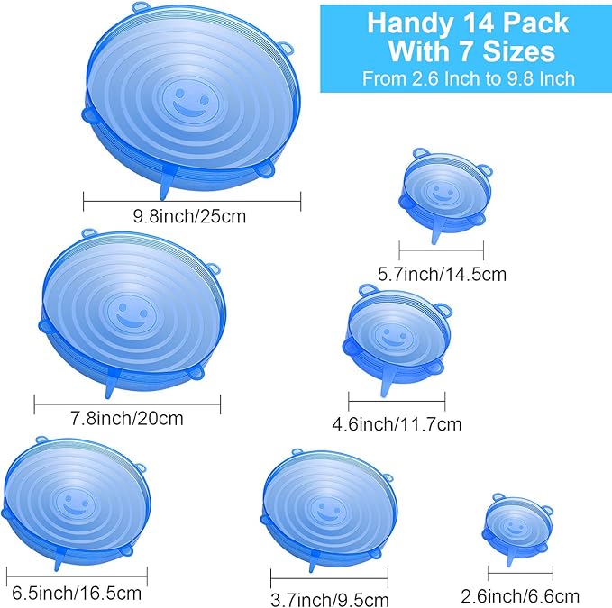 YXYL 14 PCS Reusable Silicone Stretch and Seal Lids for Food Storage, Flexible Round Silicone Bowl Covers, 7 Different Sizes - Keep Food Fresh