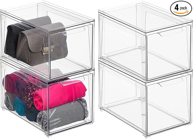 mDesign Plastic Stackable Closet Storage Organizer Bins with Pull Out Drawer for Cabinet, Desk, Shelf, Cupboard, or Dresser Organization - Lumiere Collection - 4 Pack - Clear