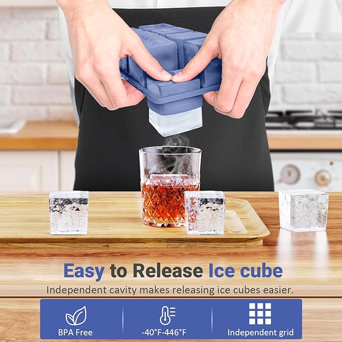 Large Ice Cube Trays for Whiskey: GGOW Big Silicone Ice Cube Trays 2Inch- Huge Square Ice Cubed Tray for Whisky and Cocktail
