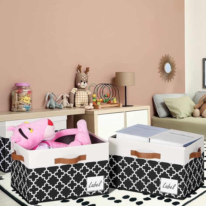 GhvyenntteS Extra Large Storage Bins with Lids, Foldable Fabric Storage Boxes with Lids and 3 Leather Handles, Sturdy Storage Baskets with Label Window (6 Pack, White&Lattice Black)
