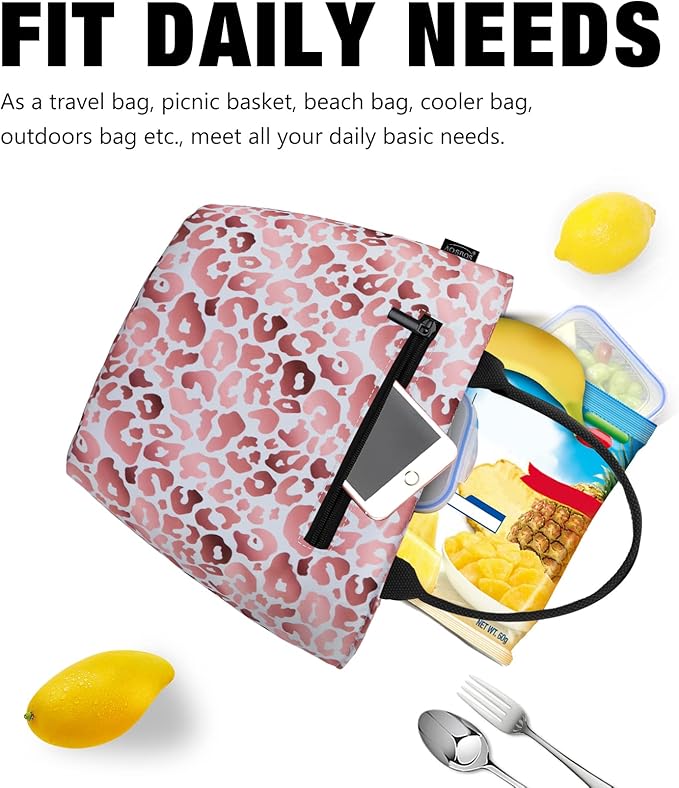 Aosbos Lunch Tote Bag, Insulated Lunch Box for Women, Leakproof Lunch Cooler Purse for Work, Pink Leopard Print