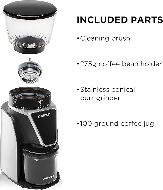 Chefman Conical Burr Coffee Grinder, Create The Boldest & Most Flavorful Grind With 31 Settings From Coarse To Extra Fine, One-Touch Digital Control & 9.7-oz Bean Capacity, Black