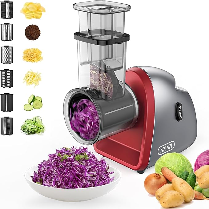Electric Cheese Grater with 6 Different Shapes of Blades for Home Kitchen Use,250W Salad Shooter Electric Slicer for Vegetables,Fruits,Cheeses,Gray