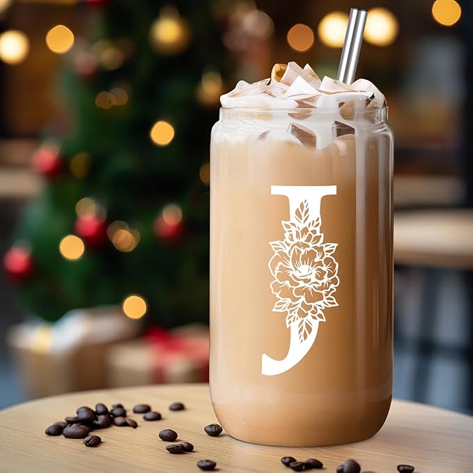 Coolife Initial Glass Cup, Monogrammed Gifts for Women, 16 oz Glass Cups w/Lids Straws, Iced Coffee Smoothie Beer Tumbler w/Straw Lid - Personalized Christmas, Birthday Gifts for Her Mom Friend Woman