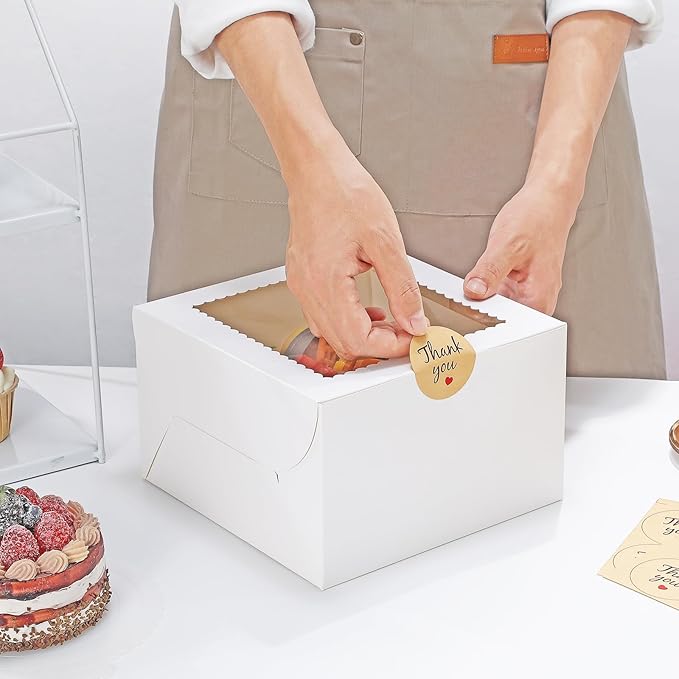 Small Cake Boxes 8 Inch with Window, 24 Set Bakery Boxes with Cake Boards & Stickers, Cupcake Box for Birthday, Party, Wedding, Mother's Day, Valentine's Day, Christmas（8x8x5 inch）