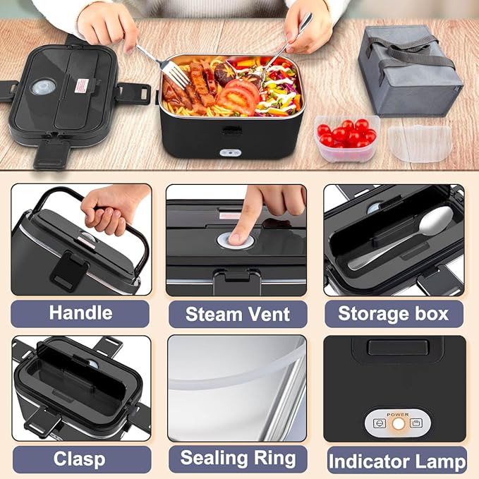 Nifogo Electric Lunch Box for Adults 80W 1.8L, Faster Heated Lunch Box for Men, Portable Electric Lunch Boxes Food Heater 12V/24V/110V Heating LunchBox for Car/Truck/Work with Bag(1.8L-Black)