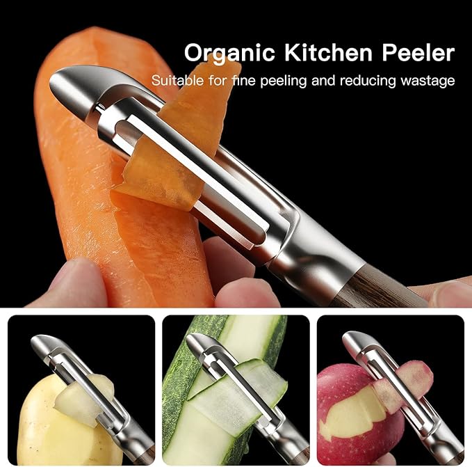 JUSEEPO Premium Vegetable Peeler, I Type Swivel 304 Stainless Steel Blade Comfortable Solid Wood Handle, Practical Gift for Restaurant Baking Chef Woman for Veggie, Fruit, Potato(Black Walnut)