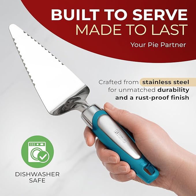 Orblue Pie Server, Essential Kitchen Tool, Serrated on Both Sides, Great for Right or Left Handed Chef, Stainless Steel Flatware, Cake Cutter, Blue