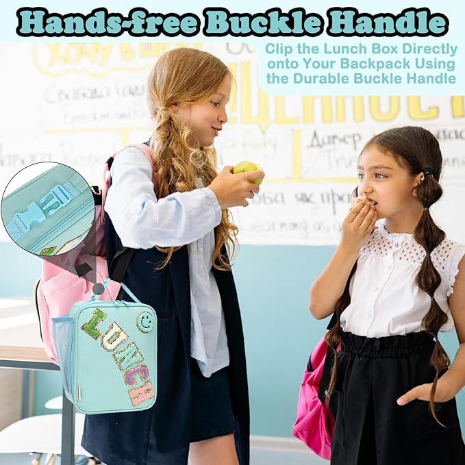 FlowFly Lunch box Insulated Soft Bag Mini Cooler Back to School Thermal Meal Tote Kit With Buckle and Mesh Side Pocket for Girls, Boys, GreenWithLetter