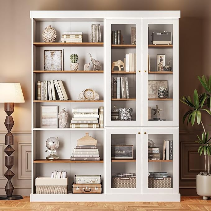 70.8" Tall Farmhouse Kitchen Pantry Cabinet with Glass Doors, Modular Wooden Storage Hutch with 6-Tier Adjustable Shelves for Kitchen or Living Room, White, Set of 2
