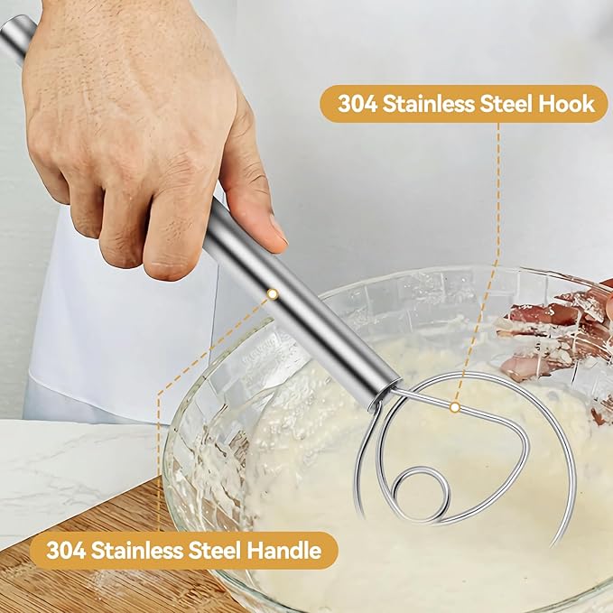 Danish Dough Whisk Stainless Steel Hook Dutch Baking Tool Bread Sourdough Mixer for Pizza Pastry Cake Batter Making