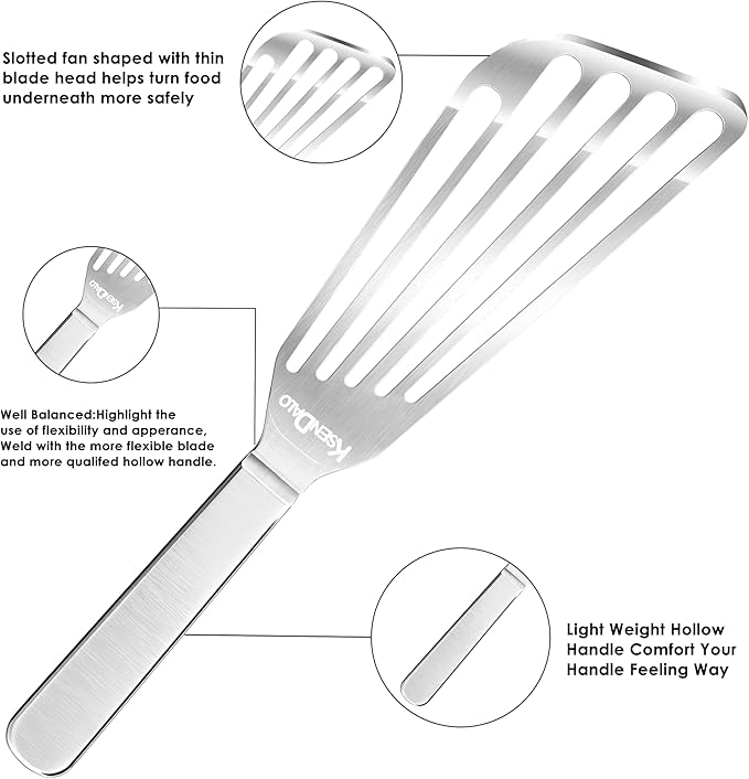 KSENDALO Thin Fish Spatula Stainless Steel -Flexible Slotted Egg Flipper with Angled Blade & Comfortable Hollow Grip, Metal Turner for Fish Egg Omelettes Pancakes, All Cookware, Dishwasher Safe