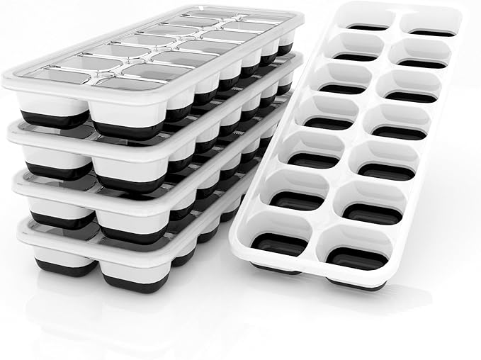 DclobTop Ice Cube Trays with Lid, 5 Pack Stackable Ice Cube Maker for Freezer with Removable Lids, BPA-Free Rectangular Mold Set, Easy-Release Plastic & Silicone Tray for Cocktail, Coffee -Black
