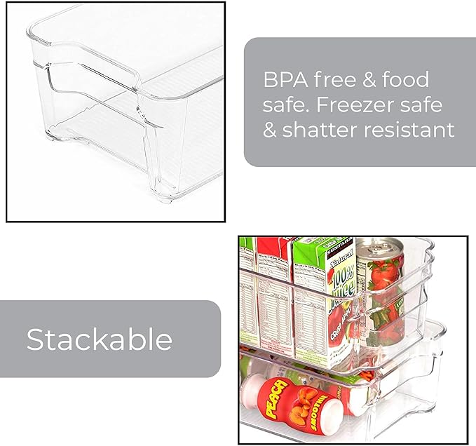 Smart Design Stackable Set of 4 Refrigerator Bins with Handle - 6 x 12 Inch - BPA Free Plastic - Fridge, Freezer, Pantry Organizer, Cabinet Storage, Food, Produce, Fruit Containers - Kitchen - Clear