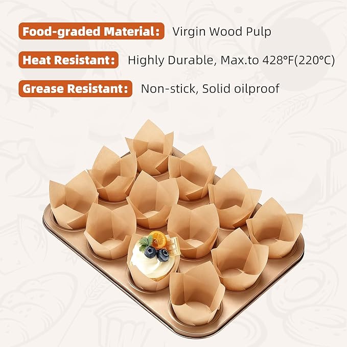 200pcs Natural Tulip Cupcake Liners, Premium Muffin Liners Holders for Baking Cups, Greaseproof Cupcake Wrappers in Standard Size, Classic Parchment Paper Cupcakes Liner by JIRNGLA