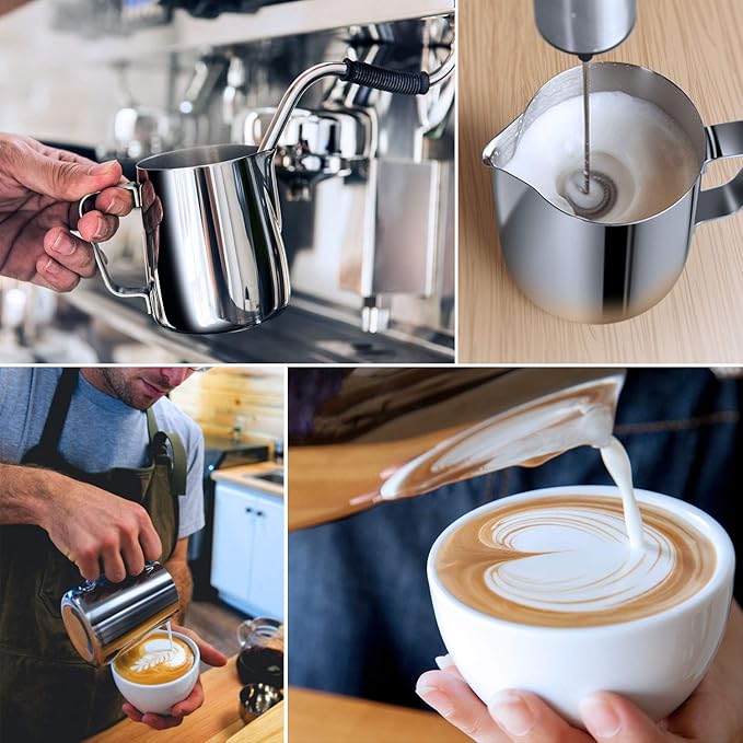 Milk Frothing Pitcher, 350ml (12oz) Steaming Pitchers Stainless Steel Milk Coffee Cappuccino Latte Art Barista Steam Pitchers Milk Jug Cup with Decorating Art Pen, Gold