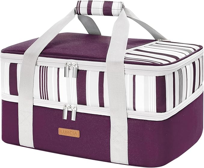 LUNCIA Double Decker Insulated Casserole Carrier for Hot or Cold Food, Lasagna Lugger Tote for Potluck Parties/Picnic/Cookouts, Fits 9"×13" Baking Dish, Purple