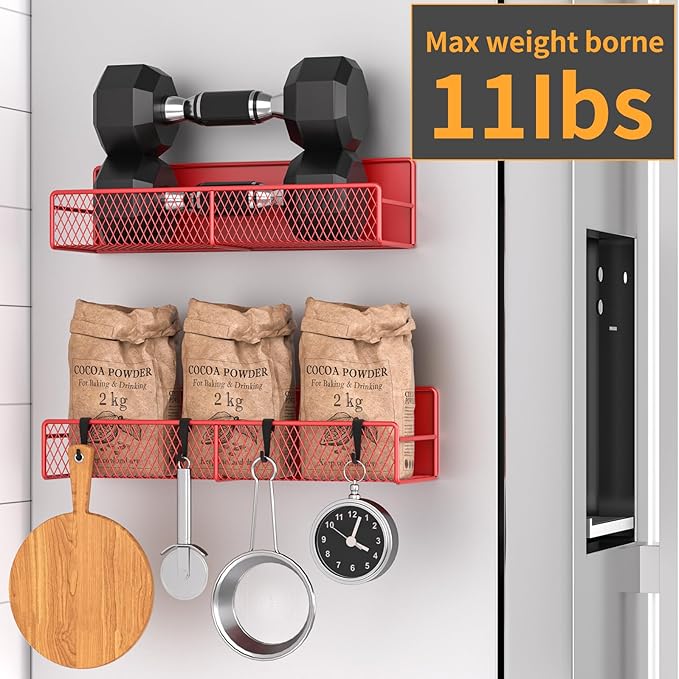 Magnetic Spice Rack for Refrigerator, 2 Pack 100% Metal Strong Magnet Shelf, Space Saving Spice Organizer W/ Hooks, Movable Magnetic Fridge Shelf, Kitchen Home Laundry Room Storage Organization, Red