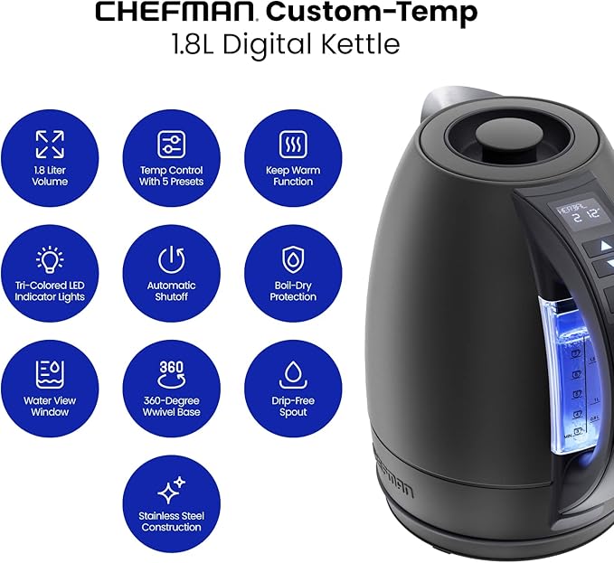 Chefman Electric Tea Kettle, 1.8 Liter Hot Water Electric Kettle Temperature Control Water Boiler with 5 Presets, Tri-Colored LED Lights, Keep Warm, Automatic Shutoff, Black