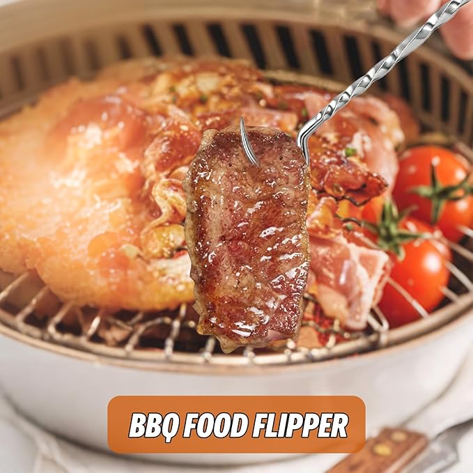 Stainless Steel Meat Hook Flipper, Handmade BBQ Turner Hooks, BBQF Turner Hooks, Flips Cooking Hooks for Grilling Smoking Frying (Stainless Steel - B)
