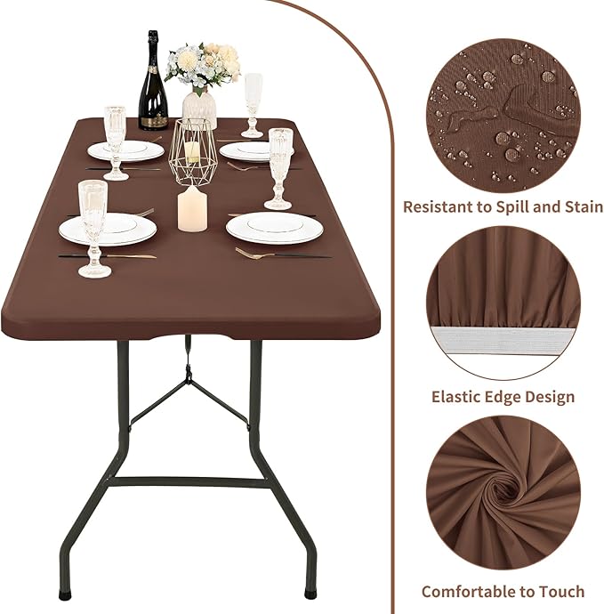 10 Pack Fitted Tablecloth for 6 Foot Rectangle Tables, Coffee Elastic Outdoor Picnic Table Cover, Washable Stretch Folding Table Cloths 6 ft for Camping Party Patio Kitchen Banquet, 30" W x 72" L