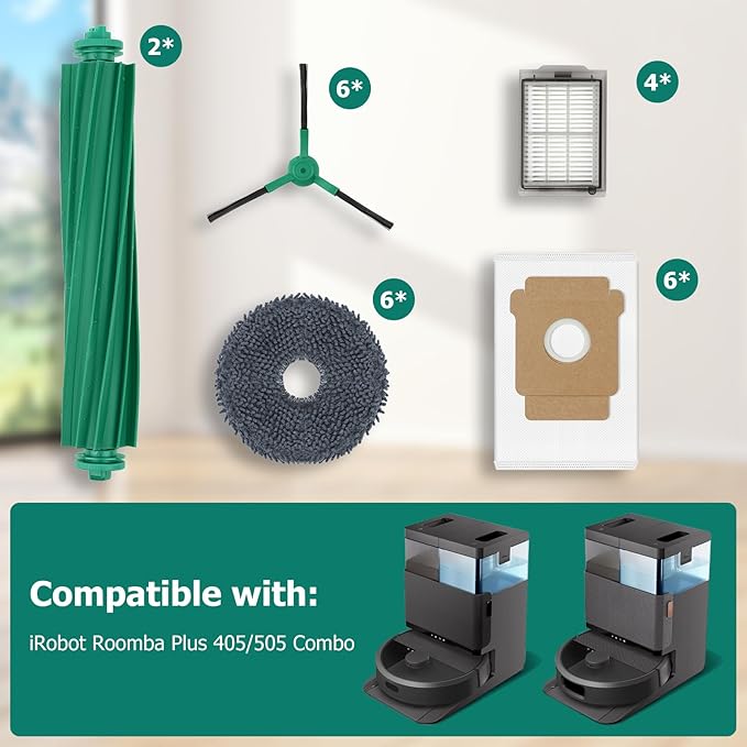Replacement Parts for iRobot Roomba Plus 405 Combo/505 Combo Robot Vacuum Accessories, 2 Roller Brush, 6 Mop Pads, 4 Filters, 6 Side Brush, 6 Vacuum Bags