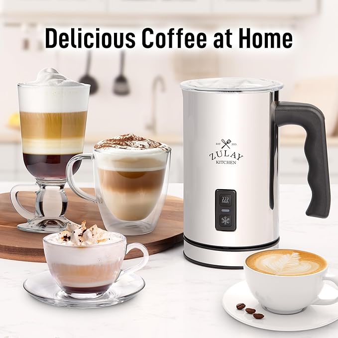 Zulay 4-in-1 Milk Frother & Steamer – Hot & Cold Foam Maker, Milk Warmer & Chocolate Stir – Automatic Temp Control, Nonstick Double-Wall Stainless Steel Jug, Auto Shut Off, 360° Base – Aero Silver