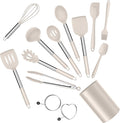 E-far Silicone Cooking Utensils Set, 14-Piece Khaki Kitchen Utensils Set with Holder, Kitchen Tools Spatulas with Stainless Steel Handle for Non-stick Cookware, Heat Resistant & Dishwasher safe