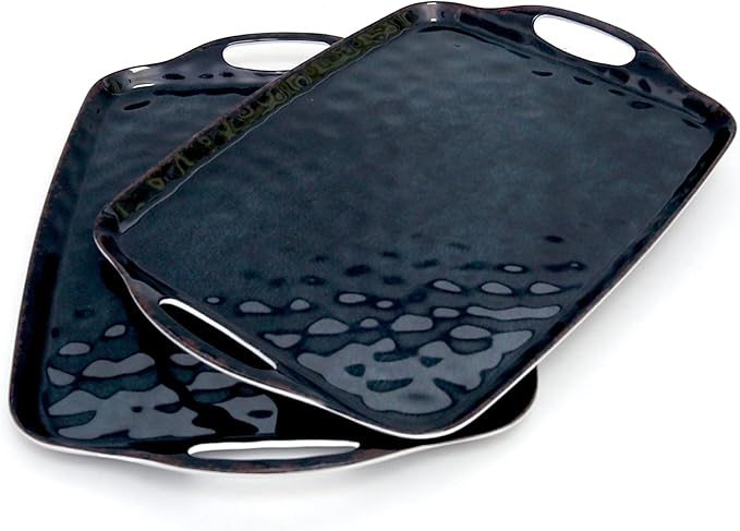 TP Serving Trays with Handles, 17 x 12 Inch Melamine Serving Platters for Food, Meat, Set of 2 Rectangular Trays for Eating, Retro Black