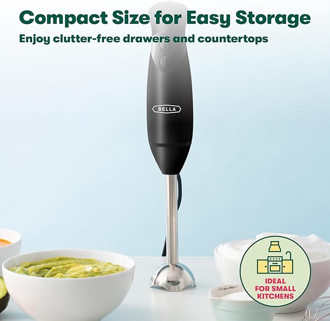 BELLA Immersion Hand Blender, Portable Mixer with Whisk Attachment - Electric Handheld Juicer, Shakes, Baby Food and Smoothie Maker, Stainless Steel, Black