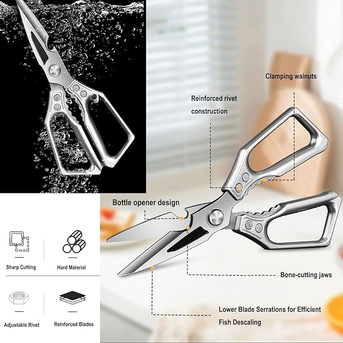 Kitchen Shears Heavy Duty All Purpose Kitchen Scissors, Utility Stainless Steel Blades with Ergonomic Handles for Home, Office, Easy Cutting Chicken Bones, Meat, Cardboard, Vegetables, Leather
