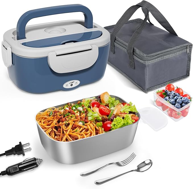Monteka Electric Lunch Box Food Heater - Leakproof Portable Food Warmer heated lunch box for adults for Car/Home/Truck with 1.5L Removable Stainless Steel Container, White Elephant Gift, 12V/24V/110V