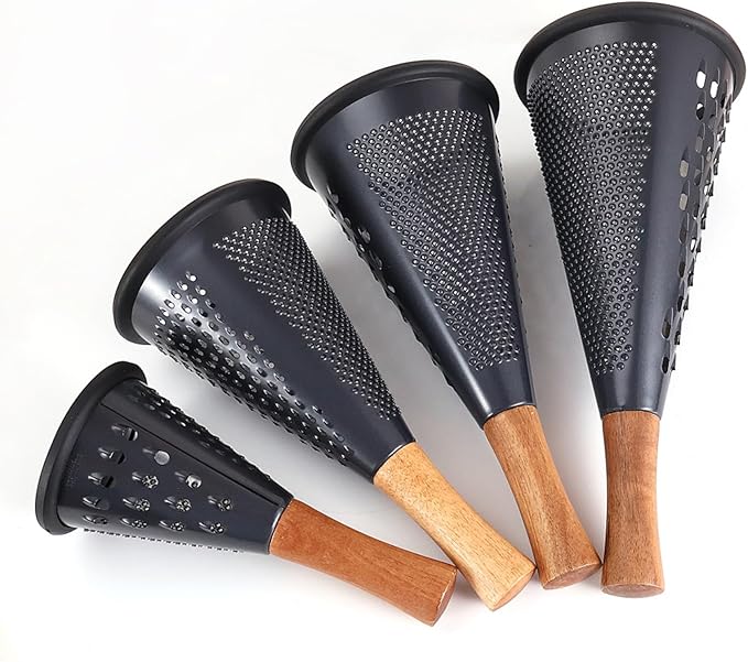 Cone Cheese Grater with Handle Stainless Steel Grater Triple Function Wood Handle Shredder Non-Slip Rubber Bottom Hand Held Multifunction Vegetables Grater Black 4-Size (Size XL:11.8" X 5.1" Black)