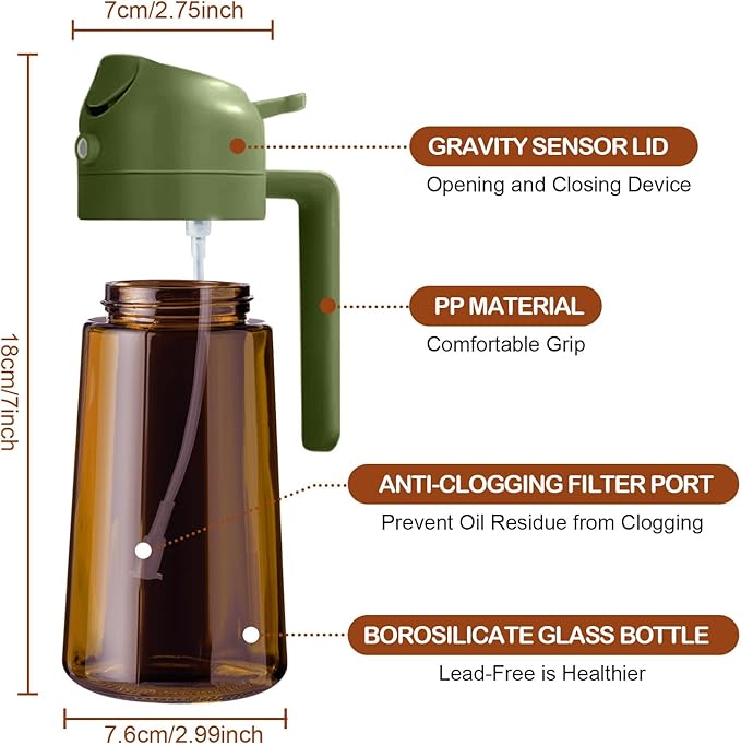 YARRAMATE 16oz/470ml Dark Brown Oil Sprayer for Cooking with Stickers, Food-grade Premium 2 in 1 Olive Oil Dispenser Bottle for Kitchen Gadgets, Air Fryer, Salad, Frying, BBQ (OliveGreen)