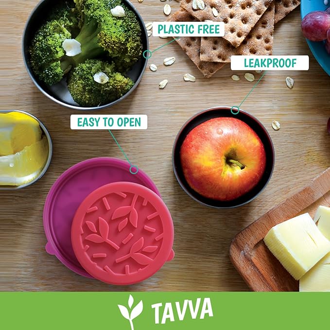 TAVVA Stainless Steel Snack Containers for Kids [12oz/ 7oz/ 3oz] - Leakproof with Silicone Lids - Lunch Box for Kids - Metal Lunchbox for School, Office, Home Food Storage - Dishwasher & Freezer Safe