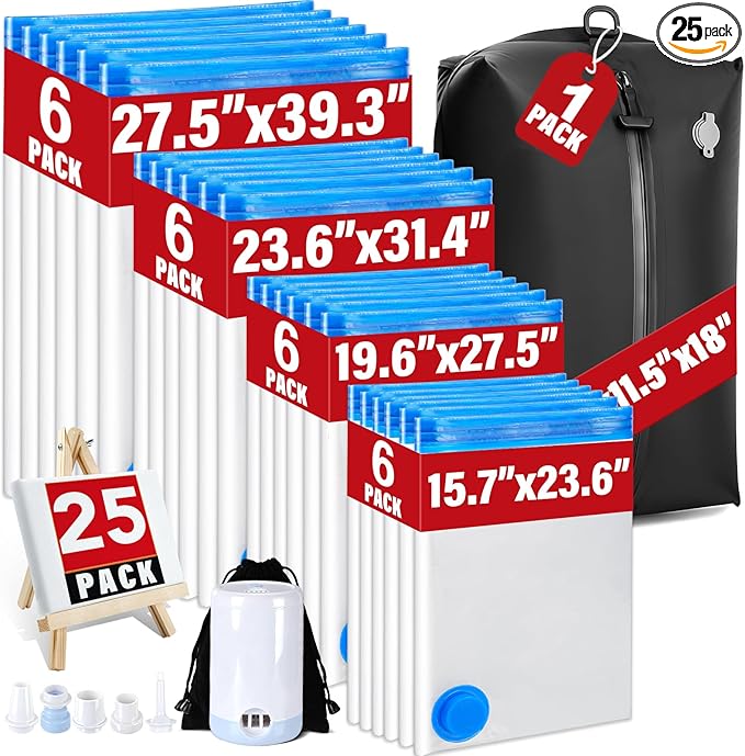 25 Pack Vacuum Storage Bags for Clothing Travel Vacuum Seal Bags With Wireless Pump IP67 Waterproof Reusable Vacuum Compression Bags for Clothing Luggage (1Travel Bag +6Small+6Middle+6Large+6Jumbo)