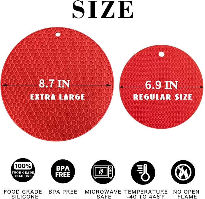 Silicone Trivets for Hot Pots and Pans - 4PCS Heat Resistant Oversized Silicone Pot Holders Hot Pads for Kitchen, Multipurpose Round Trivet Mat, Spoon Holder & Jar Opener, Drying Mat（Red）