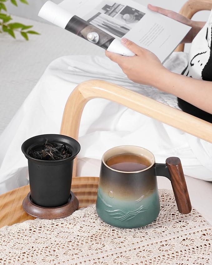 ZENS Embossed Ceramic Tea Mug with Infuser and Lid, 14.5 oz Wooden Handle, Loose Leaf Tea Steeper Cup & Strainer for Tea Lovers Gifts
