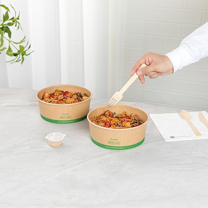 Restaurantware Compostable Paper Food Containers 200 Pack Of 50 oz BPI-Certified Round Kraft Salad Bowls Disposable Grease-Resistant Meal Prep Take Out Containers For Ice Creams, Soups, Snacks