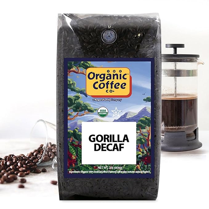 Organic Coffee Co. Gorilla Decaf Whole Bean Coffee 2LB (32 Ounce) Medium Light Roast Natural Water Processed Decaffeinated USDA Organic