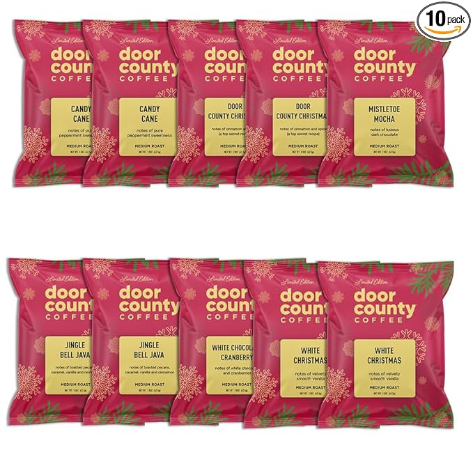 Gourmet Flavored Holiday Coffee Sampler Pack - 10 Bags of Unique Flavored Coffees – 100% Specialty Grade 1 Arabica -1.5 oz Full-Pot Bags - Roasted by Door County Coffee