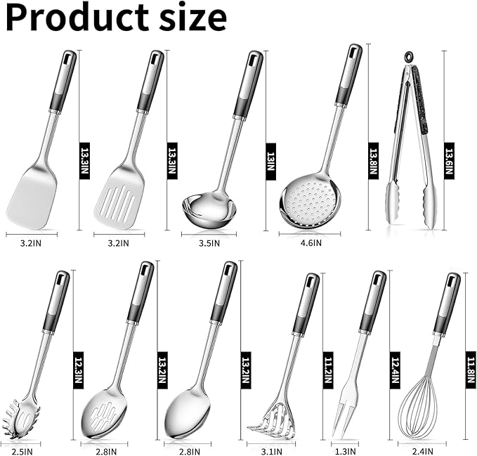 11-Piece Stainless Steel Kitchen Utensil Set – Premium Thickened Cooking Utensils Set, Silver Kitchen Tools Set for Cooking, Dishwasher Safe Kitchen Tool Set