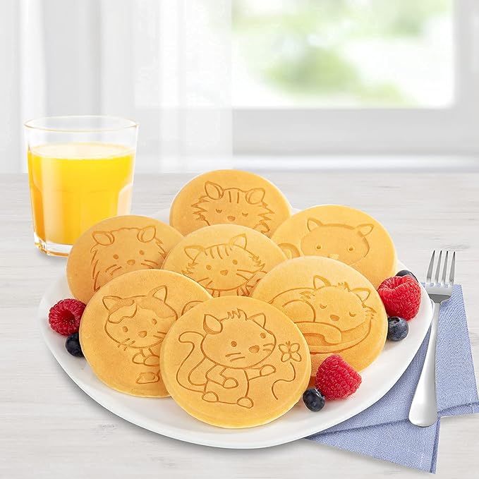 Kitty Friends Mini Pancake Pan - Make 7 Unique Flapjack Cat Designs, Nonstick Pan Cake Maker Griddle w Long Handle for Breakfast Animal Kitten Fun & Easy Cleanup, Fun Xmas Gift for Kids, Party Treat