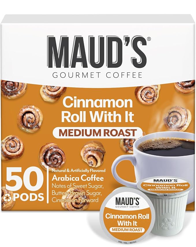 Maud's Cinnamon Roll Flavored Coffee Pods, 50 ct, Medium Roast Flavored Coffee in Recyclable Single Serve Pods – 100% Arabica Beans, Compatible with Keurig K Cups Maker