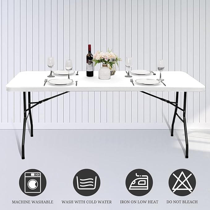 6 Pack Stretch Fabric Table Top Cap Cover, fits 8' Tables, Spandex Table Covers Washable Elastic Universal Rectangle Tablecloth Protector for Indoor Outdoor Party Picnic Wedding, White, 30" W x 96" L