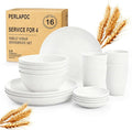 Wheat Straw Plates and Bowls Sets of 16，Unbreakable Dinnerware Sets for 4, Microwave & Dishwasher Safe Kids Dish Set for Kitchen, Outdoor, Camping, Party, RV- White
