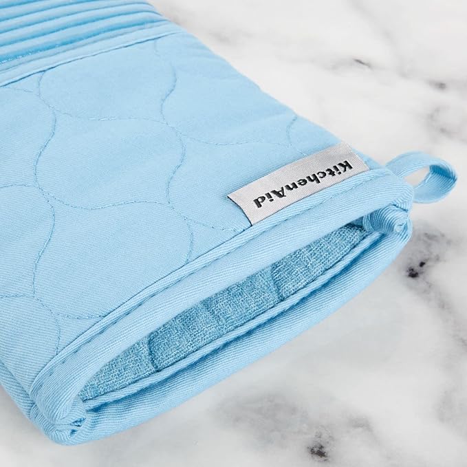 KITCHENAID Quilted Cotton Terry Cloth Oven Mitt, Pot Holder, Kitchen Towel 4-Pack Set, Heat Resistant, Silicone Grip, Gift Set, Blue Velvet, 16"x26", 7"x13" & 7"x10"