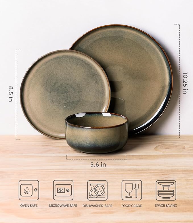 TheTerra Ceramic Dinnerware Sets for 4, 12 Pieces Handmade Reactive Glaze Plates and Bowls Set, Scratch Resistant Dish Set, Oven & Microwave & Dishwasher Safe