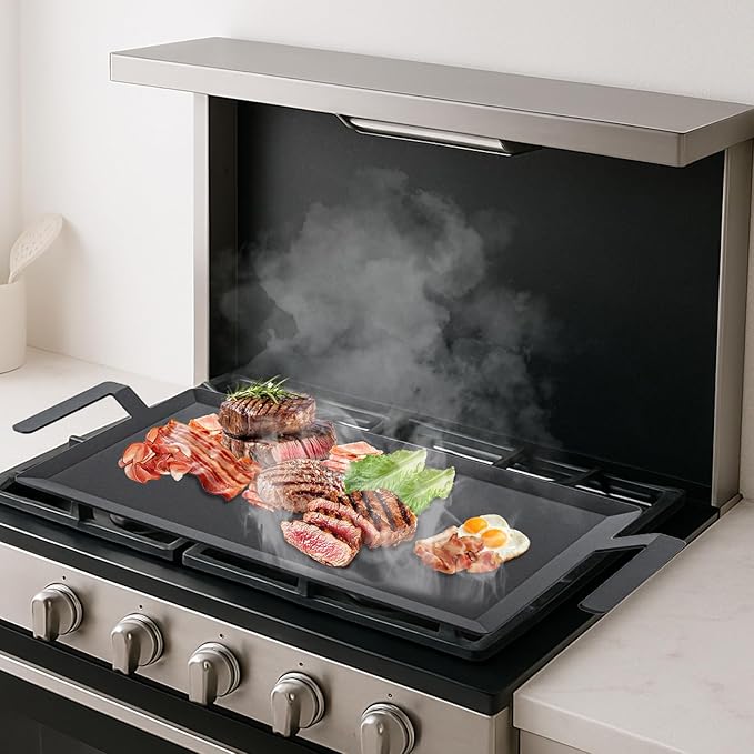 Carbon Steel Griddle for Gas Grill, 19.6" x 10.5" Double Burner Griddle Comes with Grill Press, Griddle Pan for Stove Top, Versatile Stovetop Oven, Induction Cooktop, Flat Top Plate for Charbroil Etc