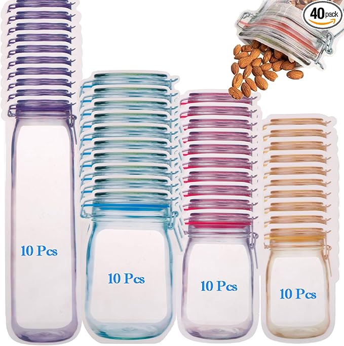 40Pcs Reusable Mason Jar Ziplock Bags,Food Storage Sandwich Bags Ziplock Bags for Kitchen Camping Picnic Organizer (40 Pcs)